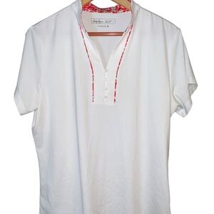 Lady Hagen v-neck White Shirt with Red Trim and button detail LARGE